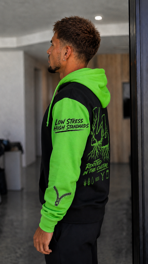 LeafLock Rooted in the Culture Hoodie in Black / Kawa Green left-side view
