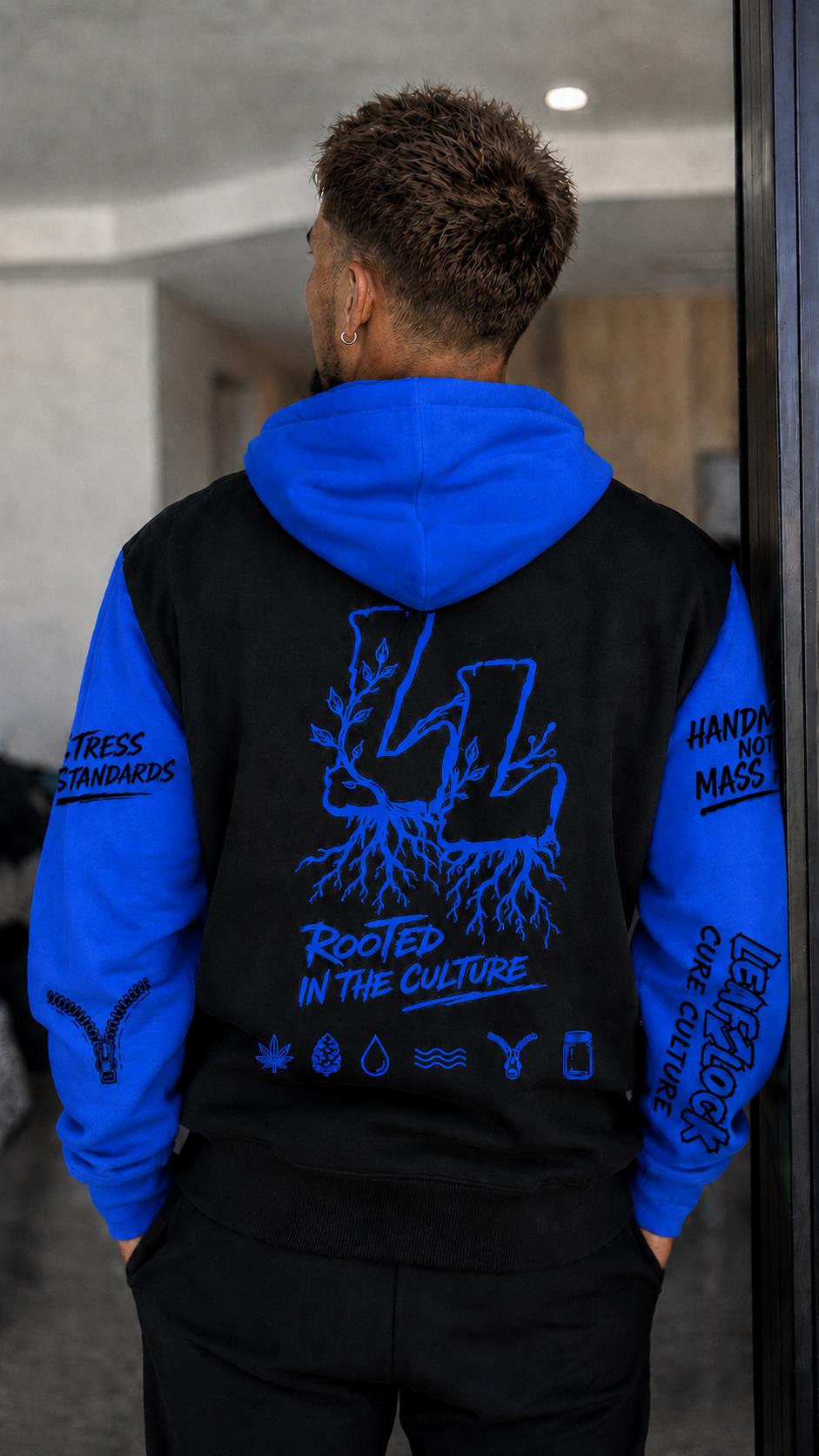 LeafLock Rooted in the Culture Hoodie in Black / Electric Royal back view
