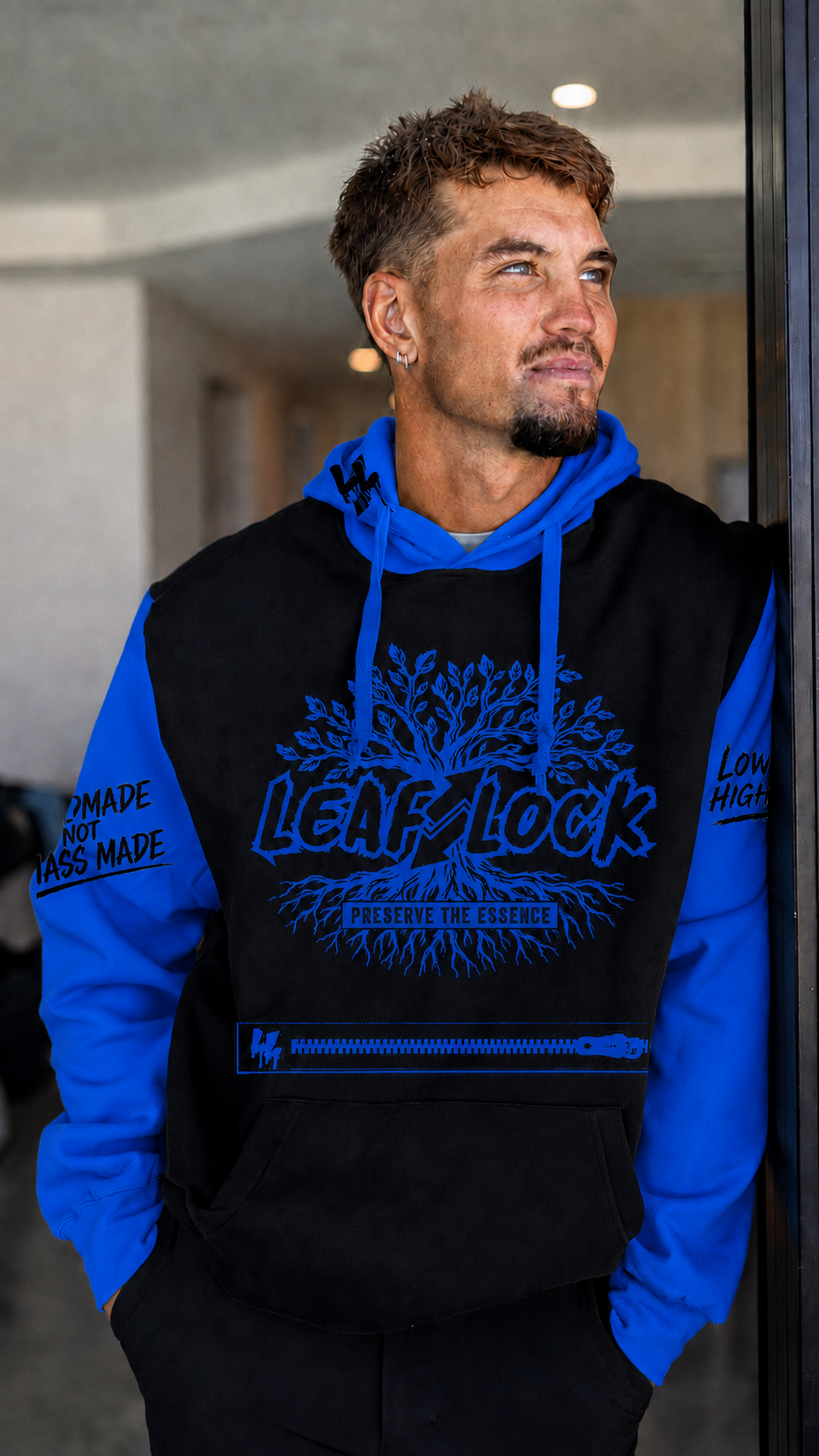 LeafLock Rooted in the Culture Hoodie in Black / Electric Royal front view