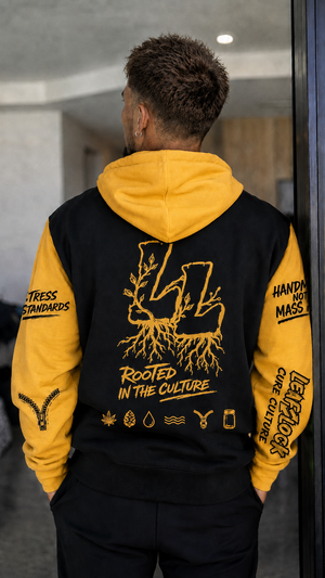 LeafLock Rooted in the Culture Hoodie in Black / Gold back view