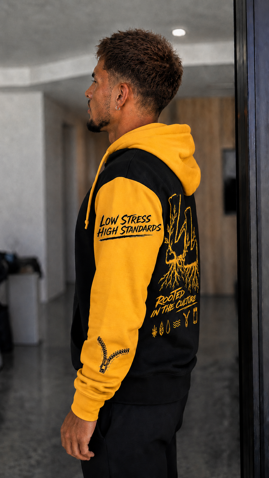 LeafLock Rooted in the Culture Hoodie in Black / Gold left-side view