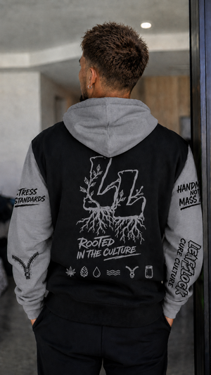 LeafLock Rooted in the Culture Hoodie in Black / Grey back view