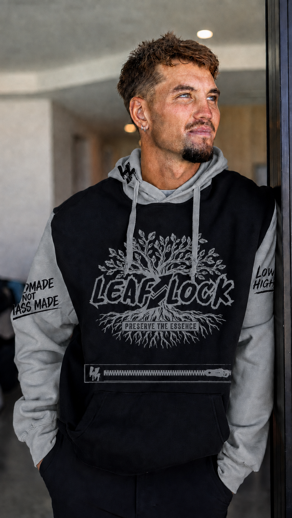 LeafLock Rooted in the Culture Hoodie in Black / Grey front view