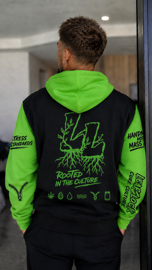 LeafLock Rooted in the Culture Hoodie in Black / Kawa Green back view