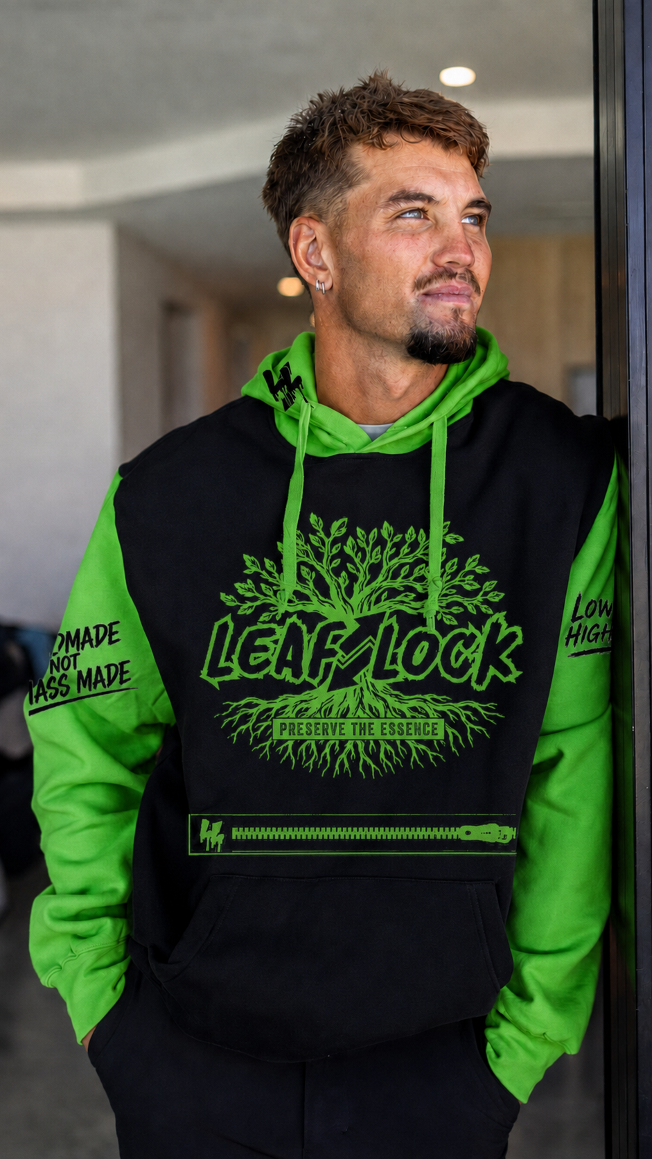 LeafLock Rooted in the Culture Hoodie in Black / Kawa Green front view
