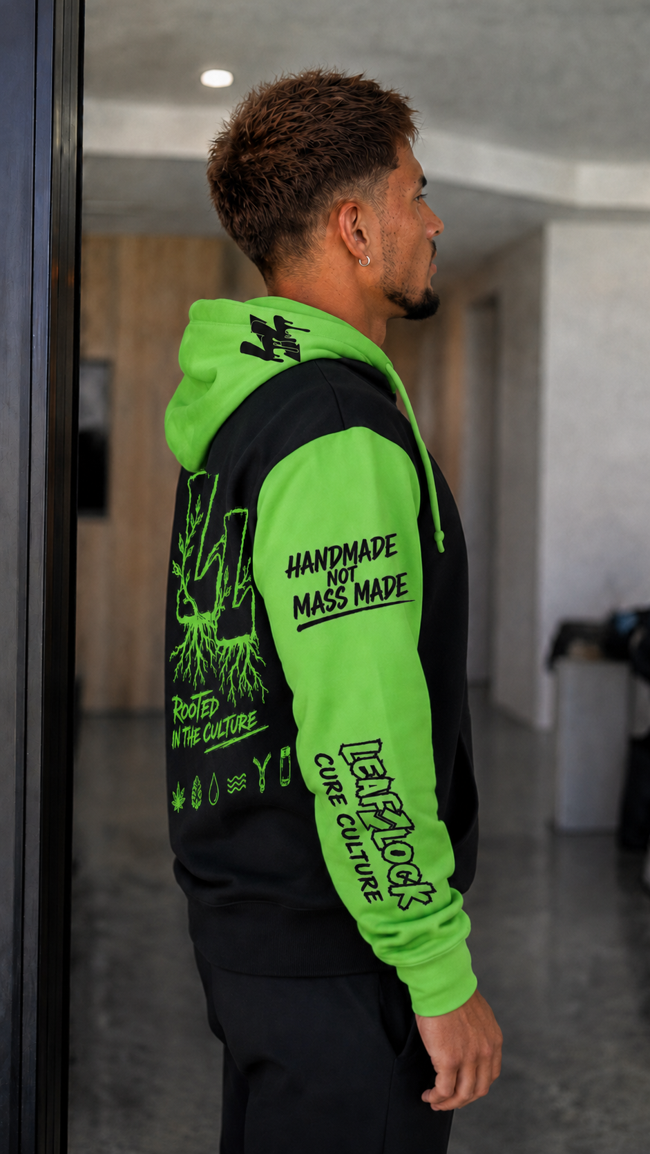 LeafLock Rooted in the Culture Hoodie in Black / Kawa Green right-side view